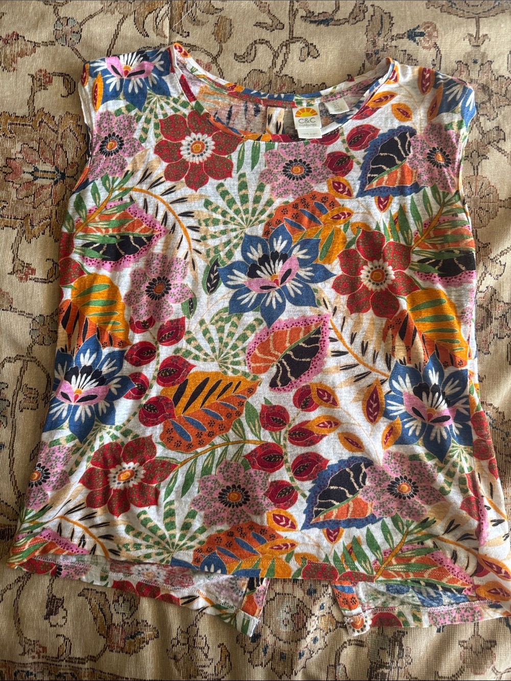 C&C California Floral Print Sleeveless Top - Multicolor 100% Linen